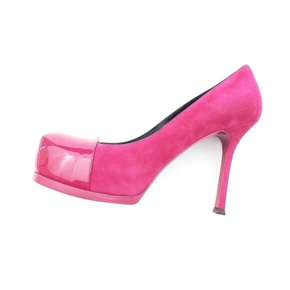 Yves Saint Laurent Tribtoo Platform Pumps Pink Suede Patent Cap Toe 36.5 US 6.5 - Picture 7 of 12